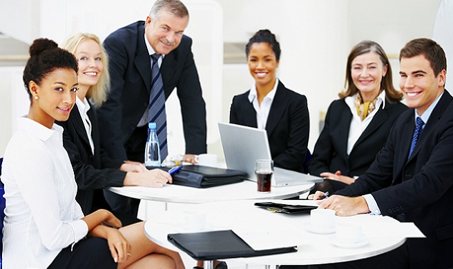 Business group portrait - Six business people working together. A diverse work group.